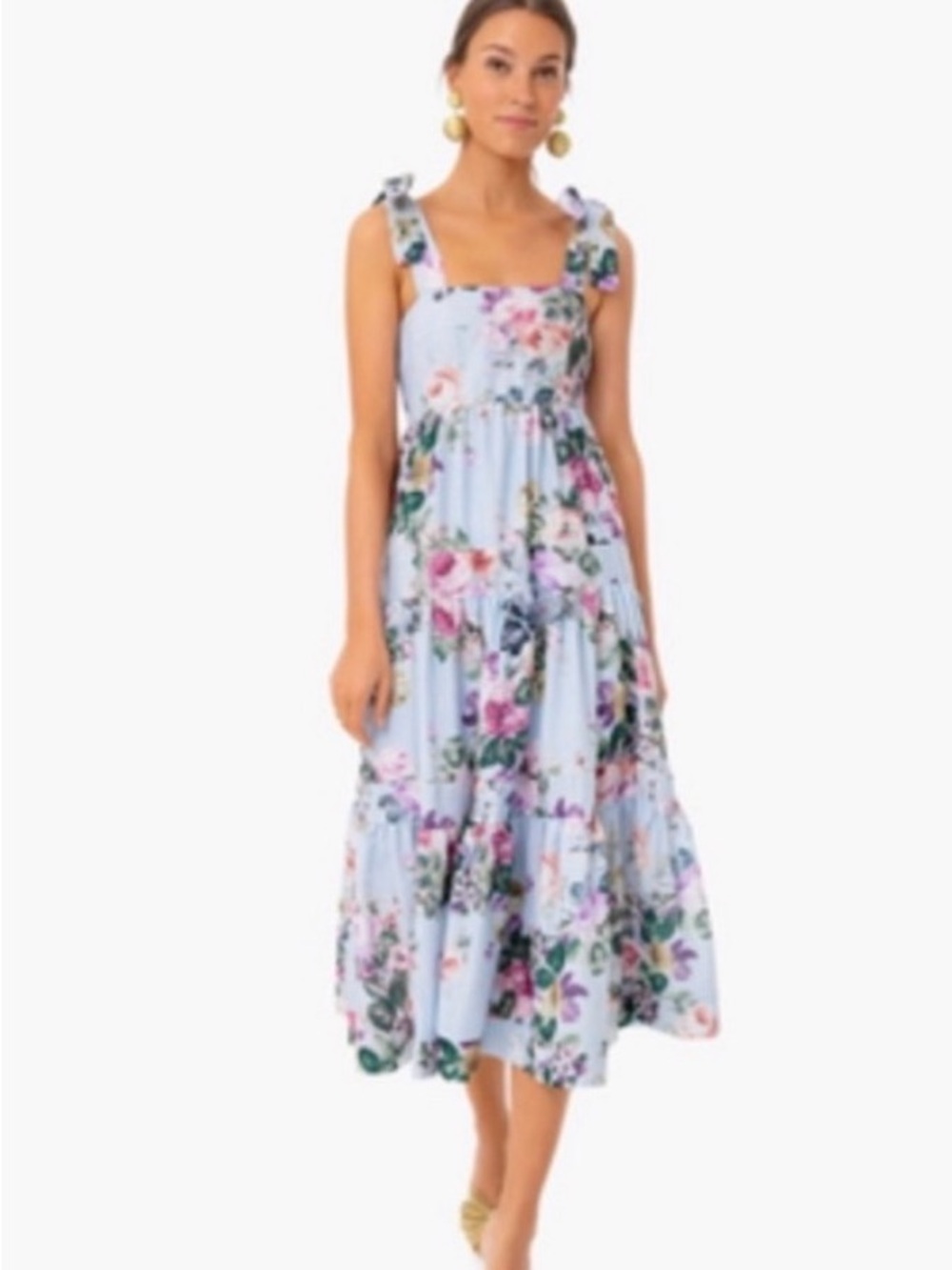 Beulah Pastel Blue Floral Tiered Midi Dress with Tie Straps